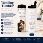 Personalized Wedding Tumbler featuring a custom wedding photo, couple's names, and wedding date on a premium 20oz stainless steel insulated tumbler with vibrant full-wrap UV printing.