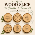Personalized Wood Slice Coaster laser engraved on natural wood with custom text, logo, or artwork for rustic home décor and meaningful gifts