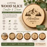Personalized Wood Slice Coaster laser engraved on natural wood with custom text, logo, or artwork for rustic home décor and meaningful gifts