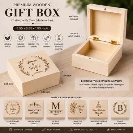 Custom laser engraved wooden gift box with magnetic closure, natural wood finish, and personalized keepsake design for special occasions.