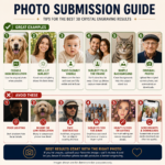 Photo submission guide showing good and bad photo examples for personalized crystal laser engraving, including proper lighting, high-quality images, centered subjects, background space, and common mistakes to avoid.