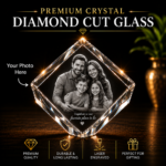 Premium crystal diamond cut glass with custom laser engraved photo, personalized 3D crystal keepsake, optional LED base, premium gift box included, ideal for family, pet, memorial, and personalized gifts.
