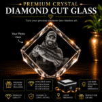 Premium crystal diamond cut glass with custom laser engraved photo, personalized 3D crystal keepsake, optional LED base, premium gift box included, ideal for family, pet, memorial, and personalized gifts.