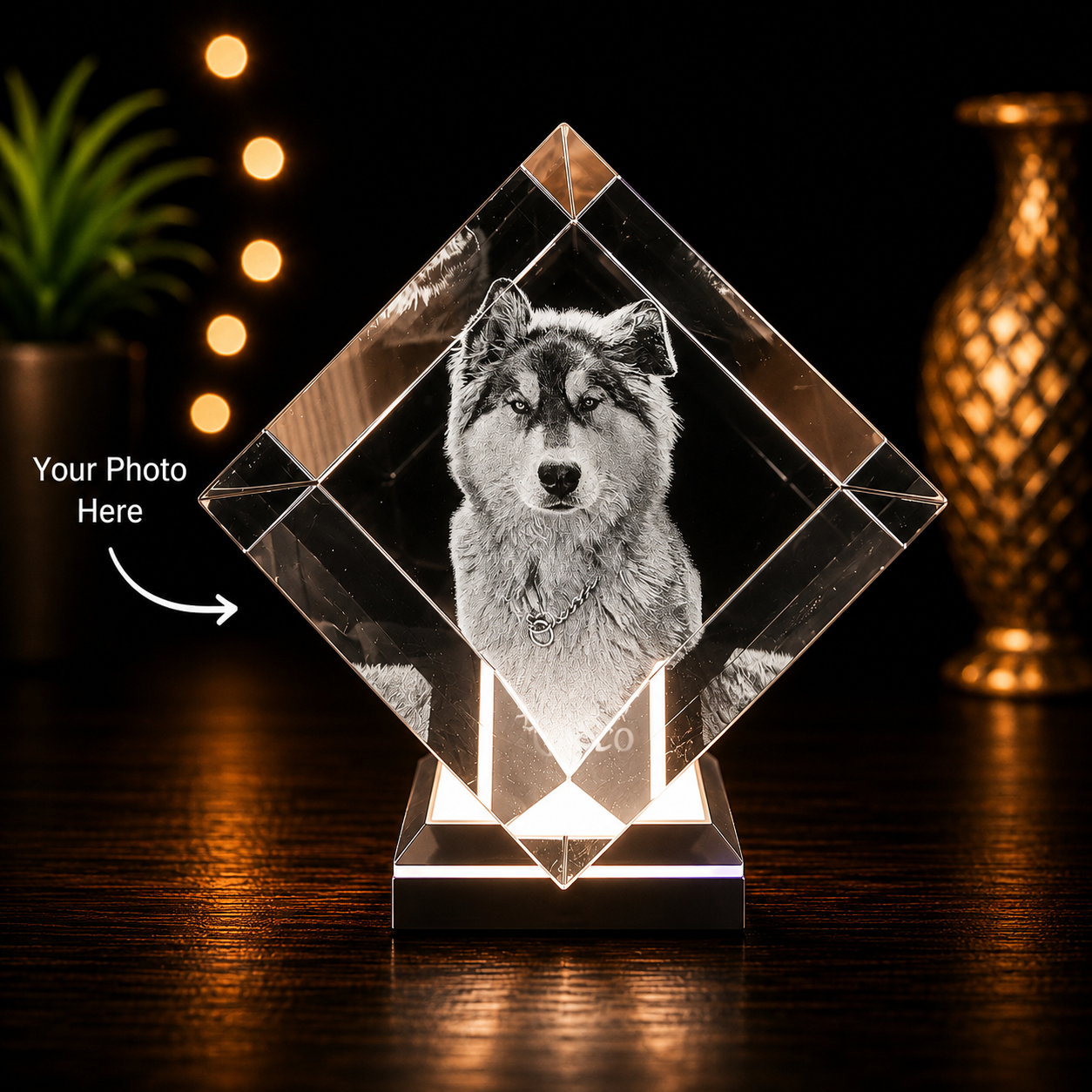 Premium Crystal Diamond Pet Photo Block with LED Base featuring a custom laser engraved husky dog portrait in K9 optical crystal with illuminated LED base, personalized pet memorial gift by Pixel & Beam Creations.