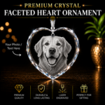 Premium Crystal Faceted Heart Ornament featuring a custom laser engraved photo, personalized crystal keepsake for family, pets, memorials, weddings, and special occasions.