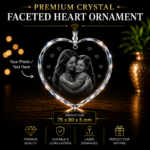Premium Crystal Faceted Heart Ornament featuring a custom laser engraved photo, personalized crystal keepsake for family, pets, memorials, weddings, and special occasions.
