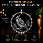 Premium Crystal Faceted Round Ornament with custom 2D laser engraved photo or text, personalized crystal keepsake gift for family, pets, memorials, and special occasions.