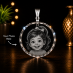 Premium Crystal Faceted Round Ornament with custom 2D laser engraved photo or text, personalized crystal keepsake gift for family, pets, memorials, and special occasions.
