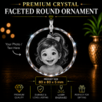 Premium Crystal Faceted Round Ornament with custom 2D laser engraved photo or text, personalized crystal keepsake gift for family, pets, memorials, and special occasions.