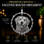 Premium Crystal Faceted Round Ornament with custom 2D laser engraved photo or text, personalized crystal keepsake gift for family, pets, memorials, and special occasions.