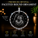 Premium Crystal Faceted Round Ornament with custom 2D laser engraved photo or text, personalized crystal keepsake gift for family, pets, memorials, and special occasions.
