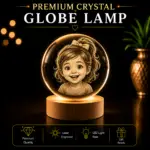 Personalized 3D Crystal Globe Lamp with laser engraved photo inside premium K9 crystal sphere, warm white LED base, USB power cable, and gift box included.