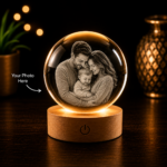 Personalized 3D Crystal Globe Lamp with laser engraved photo inside premium K9 crystal sphere, warm white LED base, USB power cable, and gift box included.