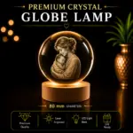 Personalized 3D Crystal Globe Lamp with laser engraved photo inside premium K9 crystal sphere, warm white LED base, USB power cable, and gift box included.