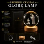 Personalized 3D Crystal Globe Lamp with laser engraved photo inside premium K9 crystal sphere, warm white LED base, USB power cable, and gift box included.