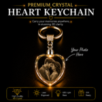 Premium Crystal Heart Keychain with custom 3D laser engraved photo inside high-quality K5 crystal, personalized memorial, family, couple, or pet keepsake gift with LED light base.