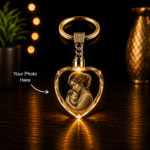 Premium Crystal Heart Keychain with custom 3D laser engraved photo inside high-quality K5 crystal, personalized memorial, family, couple, or pet keepsake gift with LED light base.