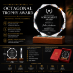 Personalized crystal award trophy with laser engraving, multi-faceted crystal design, and elegant wooden base for corporate recognition and employee awards.