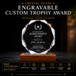 Personalized crystal award trophy with laser engraving, multi-faceted crystal design, and elegant wooden base for corporate recognition and employee awards.