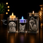 Premium crystal photo candle holder collection with personalized laser engraved designs, available in multiple sizes, perfect for memorials, family photos, pet portraits, and meaningful gifts.