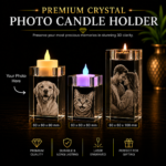 Premium crystal photo candle holder collection with personalized laser engraved designs, available in multiple sizes, perfect for memorials, family photos, pet portraits, and meaningful gifts.