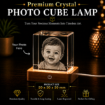 Personalized Crystal Photo Cube Lamp featuring a laser engraved baby portrait inside premium K9 crystal with an LED wooden light base.