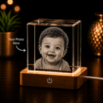 Personalized Crystal Photo Cube Lamp featuring a laser engraved dog portrait inside premium K9 crystal illuminated with a warm LED wooden light base.