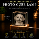 Personalized Crystal Photo Cube Lamp featuring a laser engraved dog portrait inside premium K9 crystal illuminated with a warm LED wooden light base.