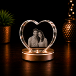 Personalized 3D Crystal Heart custom engraved with a photo in premium K9 crystal featuring a heart-shaped design and illuminated LED light base.