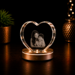 Personalized 3D Crystal Heart custom engraved with a photo in premium K9 crystal featuring a heart-shaped design and illuminated LED light base.