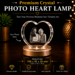 Personalized Crystal Photo Heart Lamp made from premium K9 crystal with laser engraved photo, LED wooden light base, and 100 × 95 × 30 mm dimensions.
