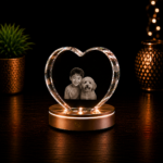 Personalized 3D Crystal Heart custom engraved with a photo in premium K9 crystal featuring a heart-shaped design and illuminated LED light base.