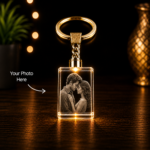 Premium Crystal Rectangle Keychain personalized with custom 3D laser engraved photo in K5 crystal with LED light base, memorial and keepsake gift