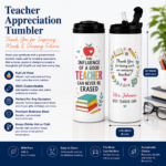 Teacher Appreciation Tumbler featuring colorful teacher-themed artwork on a personalized 20oz stainless steel insulated tumbler with vibrant full-wrap UV printing.