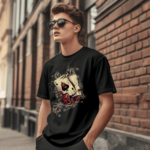 Man wearing the Lucky Ace & Dice Casino Graphic T-Shirt in black with vibrant premium DTF print.