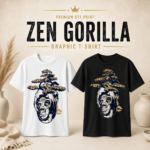 Zen Gorilla Bonsai Unisex T-shirt available in white and black with premium DTF graphic print displayed in a luxury apparel product showcase.