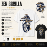 Zen Gorilla Bonsai Unisex T-shirt product detail image showcasing premium DTF print, available colors, sizes, and key product features.