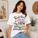 Teacher Graphic T-Shirt Collection featuring inspirational DTF printed unisex teacher shirts with multiple colorful classroom-themed designs.
