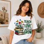 Teacher Graphic T-Shirt Collection featuring inspirational DTF printed unisex teacher shirts with multiple colorful classroom-themed designs.