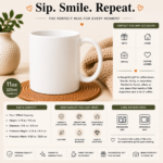 11oz ceramic coffee mug product detail template showing mug dimensions, capacity, premium ceramic construction, UV printing features, dishwasher and microwave safe care instructions, and printable area for custom mug designs.