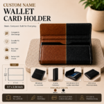 Custom Name Wallet Card Holder dimensions, features, available colors, and premium PU leather construction.