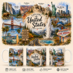 United States Travel Mug featuring iconic American landmarks including the Statue of Liberty, Golden Gate Bridge, Mount Rushmore, Grand Canyon, Yosemite, Yellowstone, Route 66, and Las Vegas with vibrant UV printed artwork on a premium 11oz ceramic mug.