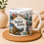 United States Travel Mug featuring iconic American landmarks including the Statue of Liberty, Golden Gate Bridge, Mount Rushmore, Grand Canyon, Yosemite, Yellowstone, Route 66, and Las Vegas with vibrant UV printed artwork on a premium 11oz ceramic mug.