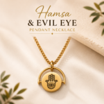Gold tone Hamsa Evil Eye Pendant Necklace crafted from stainless steel featuring a symbolic protection pendant with an adjustable chain.