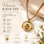 Gold tone Hamsa Evil Eye Pendant Necklace crafted from stainless steel featuring a symbolic protection pendant with an adjustable chain.