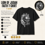 Lion of Judah Christian Faith T-Shirt featuring premium DTF printed artwork on a soft black unisex T-shirt.