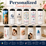 Personalized custom tumblers catalog featuring full UV print 20 oz white stainless steel tumblers including custom name, floral name, pet photo, baby photo, couple photo, wedding, teacher appreciation, nurses appreciation, custom logo, corporate logo, and personalized design options.
