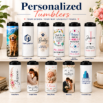 Personalized UV printed tumbler collection showing custom photo, name, logo, teacher, nurse, pet, wedding and corporate designs