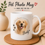 Pet Photo Mug personalized with your favorite dog, cat, or pet photo on a premium 12oz white ceramic mug featuring vibrant UV printing and a glossy finish.