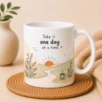 Take It One Day at a Time Coffee Mug featuring a calming sunrise landscape and inspirational quote printed on an 11oz ceramic coffee mug.